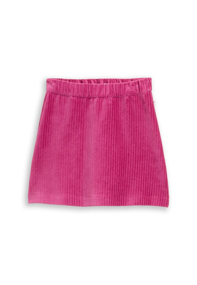 Rosa Cord-Rock mit vertikalen Rippen, elastischem Bund und A-Linien-Form. Glatte Textur und einfaches Saumfinish.