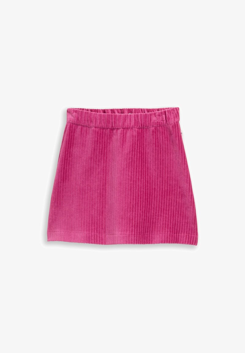 Jupe en velours côtelé rose avec des côtes verticales, taille élastique et forme évasée. Texture lisse et finition simple à l'ourlet.