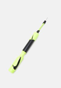 Neon green and black fishing rod with a tapered design and textured grip, featuring a sleek pattern and a metal tip for fishing line attachment.