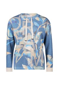 Niebieski sweter dzianinowy z kwiatowym wzorem w odcieniach niebieskiego i beżowego, z napisem "DREAM" w metalicznej srebrnej kolorze oraz sznurkami do ściągania.