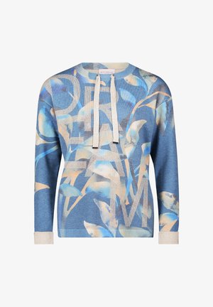 Niebieski sweter dzianinowy z kwiatowym wzorem w odcieniach niebieskiego i beżowego, z napisem "DREAM" w metalicznej srebrnej kolorze oraz sznurkami do ściągania.