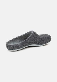 Gray felt slipper with a soft texture, rounded toe, and open back; features a light blue sole accent.