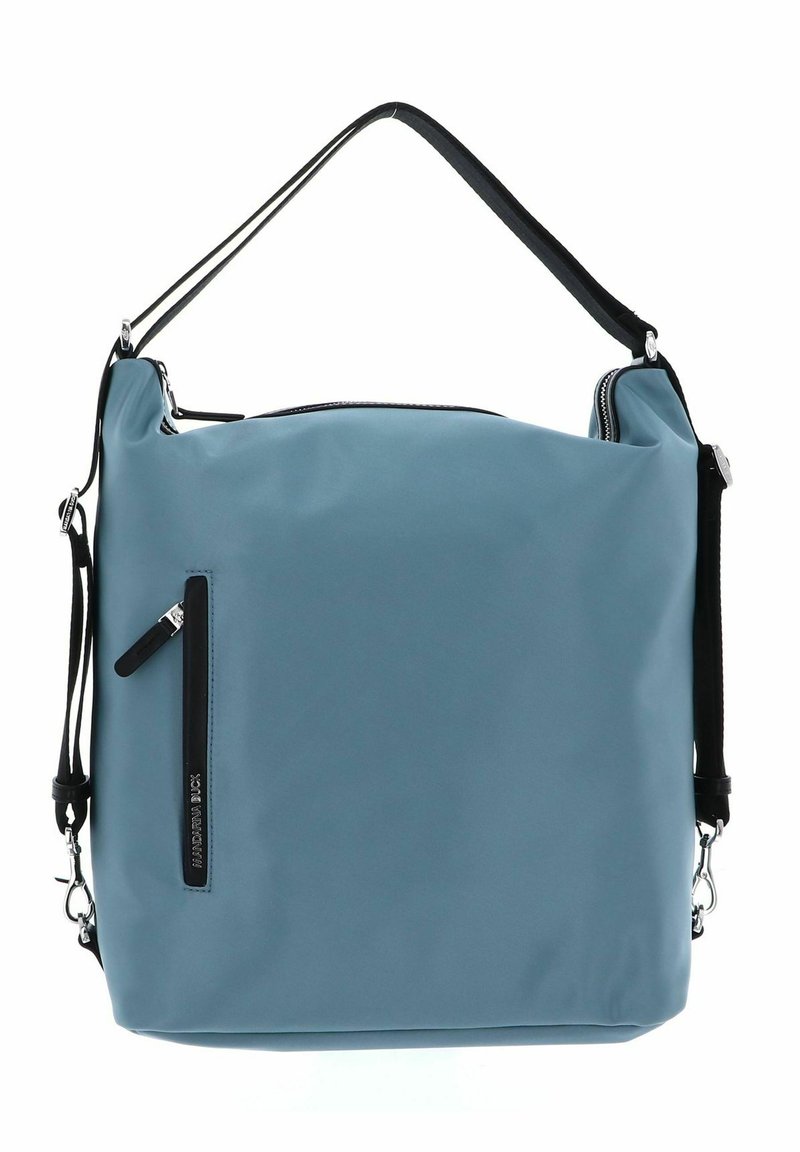 Borsa a tracolla in nylon blu con una singola tracolla nera, chiusura con zip e tasca frontale con zip nera. Finitura testurizzata.