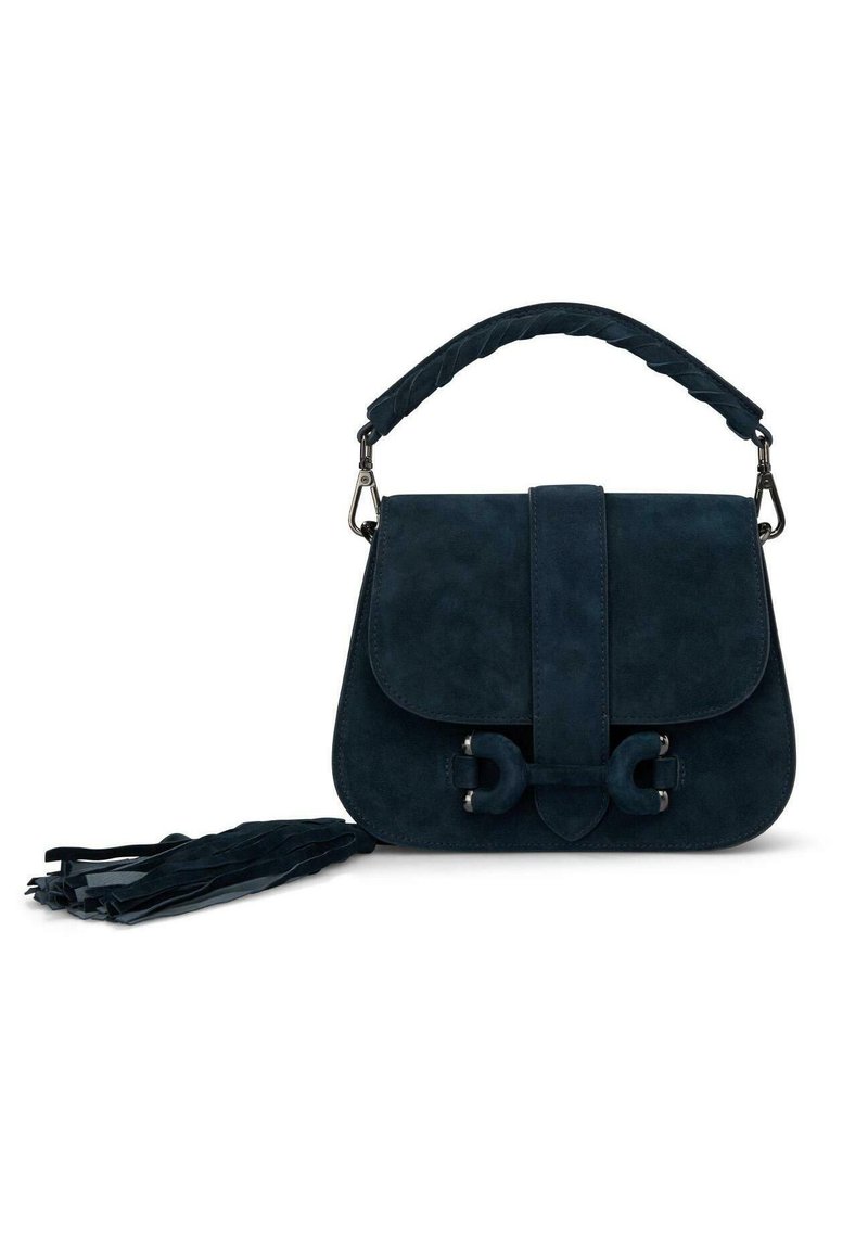Ciemnoniebieska torebka z zamszu z klapką, plecionym uchwytem i długim detalem w postaci frędzla. Posiada zamek i gładką strukturę.