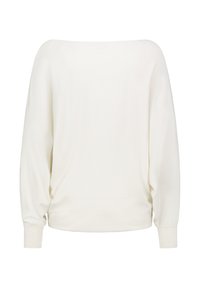 Witte off-the-shoulder trui, zachte breimateriaal, relaxte pasvorm, ballonmouwen, ribgebreide manchetten, gladde textuur, minimalistisch ontwerp.