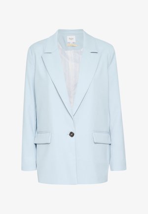Blazer bleu clair en tissu lisse, doté d'une fermeture à un bouton, de deux poches avant et d'un col cranté. Intérieur doublé avec des rayures.