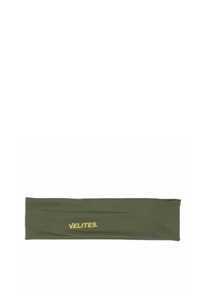 Cinta para la cabeza de tela verde oliva con la palabra "VELITES" impresa en amarillo centrada en la parte delantera.