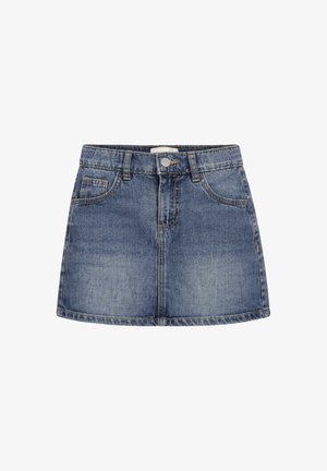 Minigonna di denim blu con bottoni frontali, cerniera, passanti per cintura e tasche frontali e porta monete, leggermente sbiadita.