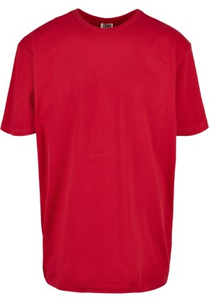 Rotes Baumwoll-T-Shirt mit kurzen Ärmeln, rundem Halsausschnitt und glatter Textur. Hat einen normalen Schnitt und keine sichtbaren Muster oder Akzente.