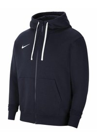 Marinblå zip-up hoodie gjord av mjukt tyg, med dragkedja, framfickor och vit Nike-logotyp på vänster bröst.