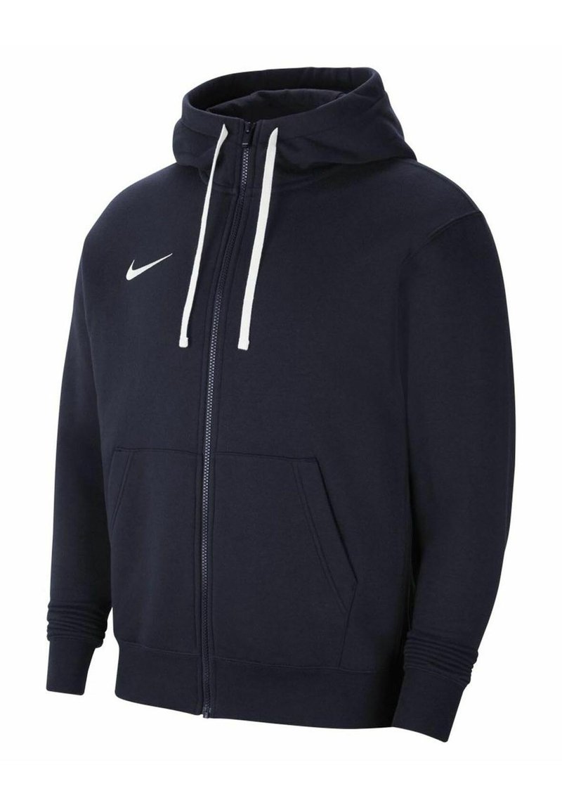 Marinblå zip-up hoodie gjord av mjukt tyg, med dragkedja, framfickor och vit Nike-logotyp på vänster bröst.