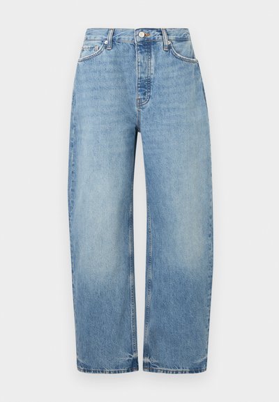 Lyseblå høytlivs denimjeans med rette, vide ben, knapp foran, glidelåslukking og fem-lommers design.