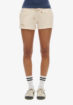 Beige bomuldsshorts med snor i taljen og guldtonede detaljer, med et lille broderet logo nederst til venstre.