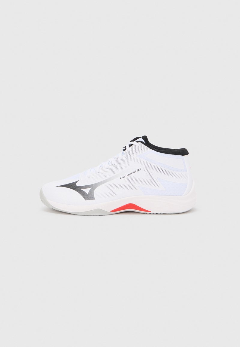 White tennis shoes with a textured mesh upper, black accents, a grey sole, and red detailing. Features a high-top design for ankle support.