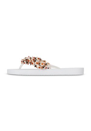 White flip-flop sandal with thick sole, featuring multicolored decorative beads and small flowers on the straps.