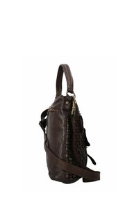 Bruine leren handtas met een geweven textuur aan één kant, een korte handgreep en een afneembare schouderriem. Voorzien van een ritsluiting.