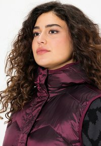 Gilet imbottito bordeaux con colletto alto, design trapuntato e finitura lucida. Presenta un tessuto nero a contrasto con un motivo geometrico sui lati.