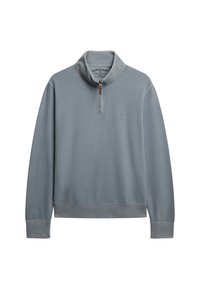 Pullover in zachtblauwe katoenmix, met een hoge kraag en een halve ritssluiting, geribbelde manchetten en een subtiele logo op de borst.