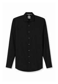 Schwarzes Langarmshirt aus glattem Stoff. Verfügt über einen spitzen Kragen, durchgehende Knopfleiste und eine figurbetonte Passform mit abgerundetem Saum. Silberne Knöpfe.