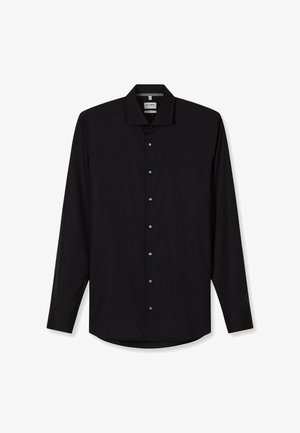 Schwarzes Langarmshirt aus glattem Stoff. Verfügt über einen spitzen Kragen, durchgehende Knopfleiste und eine figurbetonte Passform mit abgerundetem Saum. Silberne Knöpfe.