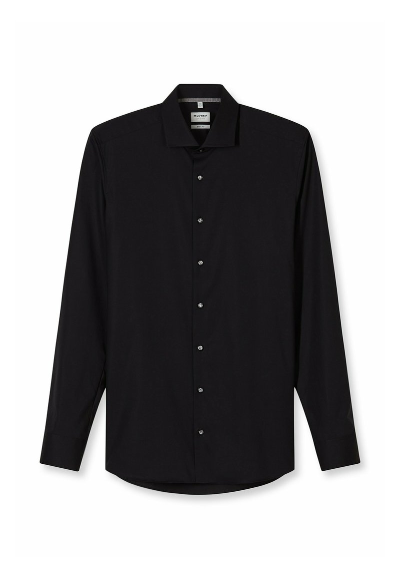 Schwarzes Langarmshirt aus glattem Stoff. Verfügt über einen spitzen Kragen, durchgehende Knopfleiste und eine figurbetonte Passform mit abgerundetem Saum. Silberne Knöpfe.