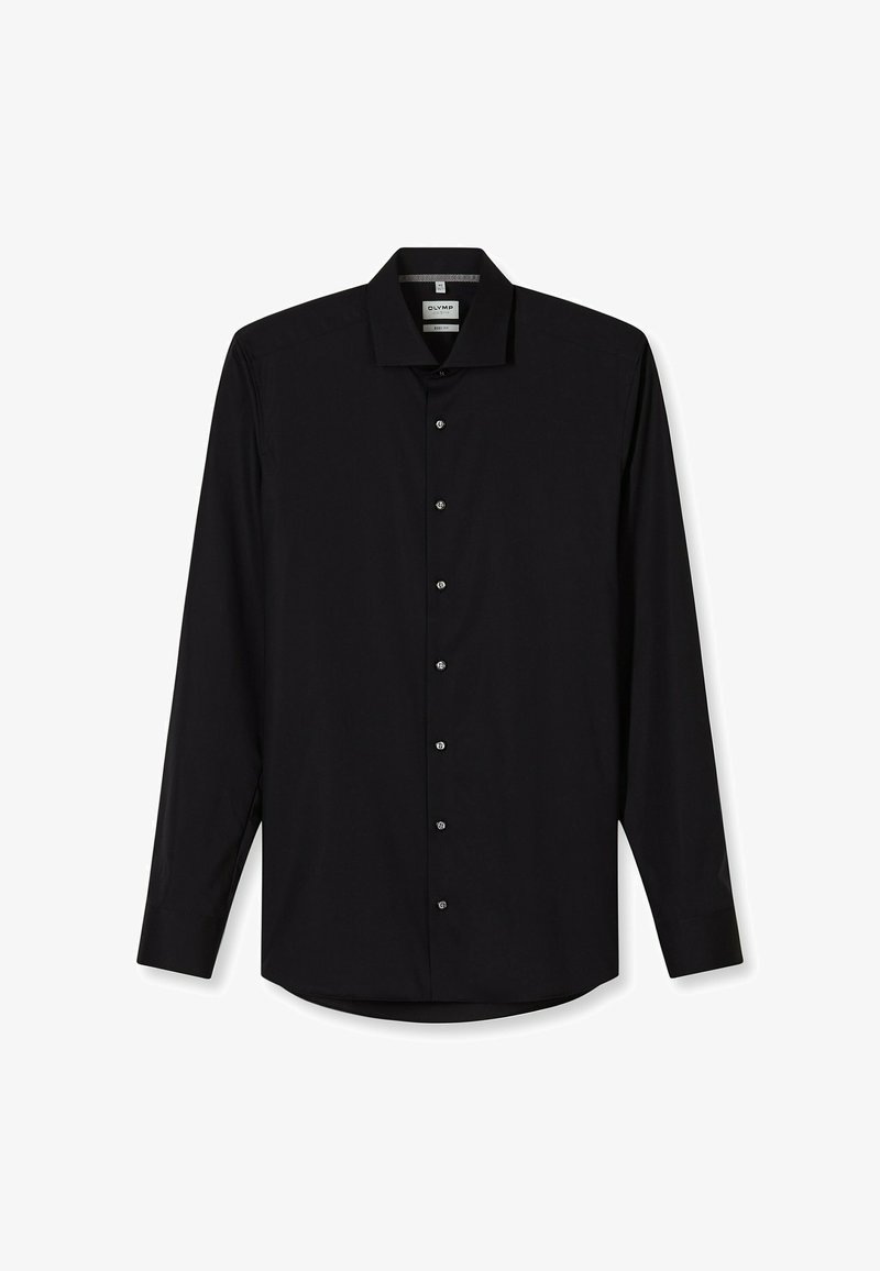 Schwarzes Langarmshirt aus glattem Stoff. Verfügt über einen spitzen Kragen, durchgehende Knopfleiste und eine figurbetonte Passform mit abgerundetem Saum. Silberne Knöpfe.