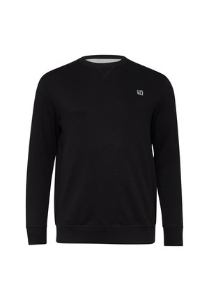 Czarna bluza z długim rękawem i okrągłym dekoltem, z prążkowanymi mankietami i dolnym brzegiem oraz małą białą naszywką z logo na lewej piersi.