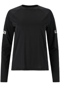 Musta pitkähihaine paita kosteutta siirtävästä kankaasta. Ominaisuuksiin kuuluu pyöreä kaula-aukko, raglan-hihat ja valkoiset logo-yksityiskohdat hihoissa.