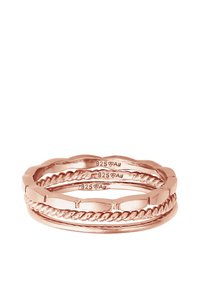 Set aus drei gestapelten Ringen aus Roségold, mit strukturiertem Kettenmuster, hexagonalen Formen und gravierter "925"-Markierung für Sterlingsilber.
