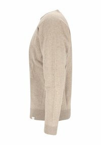 Beiger Baumwollpullover mit Rundhalsausschnitt, geripptem Saum und Bündchen sowie einer glatten Textur. Mit kleinem Logo unten links.