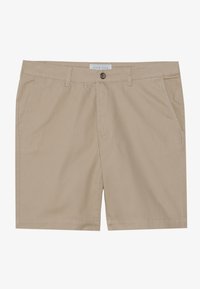 Beige shorts made of cotton blend fabric with a smooth texture, featuring front pockets, a button closure, and belt loops.