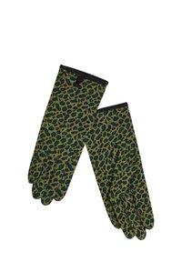 Guanti a stampa leopardata verde e nera con una texture liscia e rifiniture nere sui polsini. Le punte del pollice e dell'indice sono appuntite.