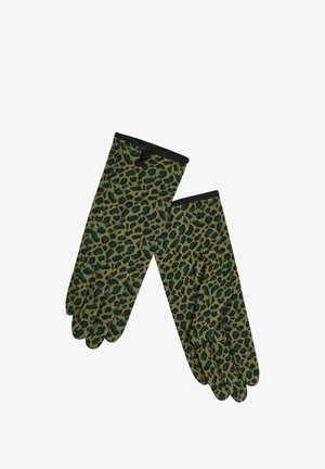 Gants en imprimé léopard vert et noir avec une texture lisse et un bord noir aux poignets. Les bouts du pouce et de l'index sont pointus.