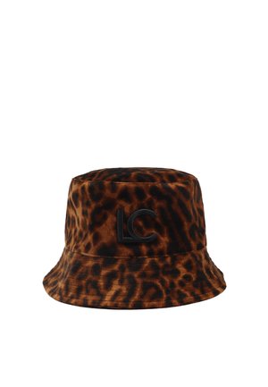 Cappello a secchiello in velluto marrone con motivo a stampa leopardata. Presenta un logo ricamato in nero "LC" sul davanti. Forma rotonda e morbida.