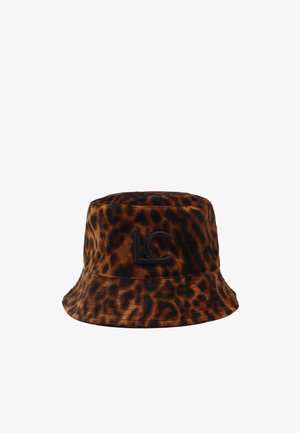 Kasket i brun velour med leopardprint. Har sort broderet "LC" logo på fronten. Rund og blød form.