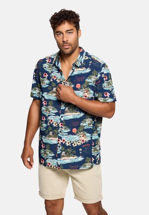 Hombre con cabello rizado que lleva una camisa hawaiana azul con palmeras e islas, combinada con pantalones cortos beige remangados, de pie contra un fondo blanco.