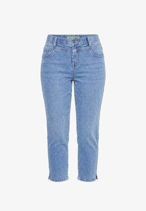 Lyseblå denimjeans med lige pasform, forreste knap og lynlås, bæltestropper og små slidser ved kanten.