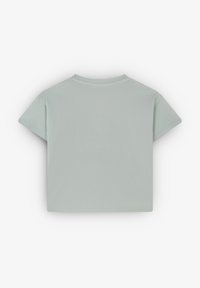Hellgrünes Baumwoll-T-Shirt mit kurzen Ärmeln, rundem Ausschnitt und einem schlichten, unaufgeregten Rückendesign. Sanfte Textur und lässige Passform.