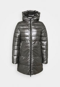 Nafouklá tmavě šedá péřová bunda se lesklým povrchem, kapucí, celým zipem a horizontálním prošíváním. Odolný, zateplený design.