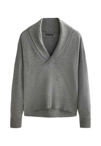 Maglione grigio con ampio collo a scialle, maniche lunghe e orlo corto. Il tessuto appare morbido e liscio, con dettagli a coste ai polsini.