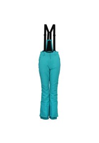 Pantalones de esquí turquesa con tirantes negros ajustables, dos bolsillos laterales, una cintura entallada y dobladillos reforzados para mayor durabilidad.