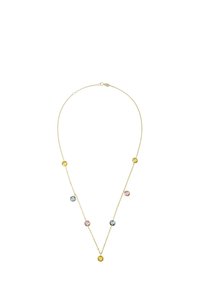 Collana delicata in oro con sette gemme rotonde a faccetta nei colori giallo, blu e rosa, distribuite in modo uniforme lungo la lunghezza.