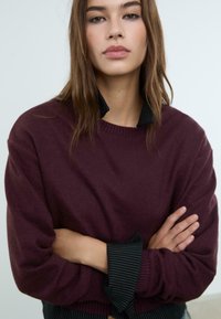 Giovane donna con capelli lunghi castani che indossa un maglione viola scuro sopra una camicia a righe nere, braccia incrociate, espressione neutra, sfondo semplice.