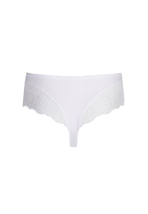Slip bikini bianchi da donna con dettagli in pizzo che presentano motivi floreali circolari sui lati e bordi smerlati.