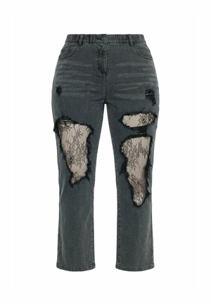 Ulla Popken, DISTRESSED LACE CUTOUT COMFORT WAIST JEANS - Vaqueros bootcut - dark grey denim