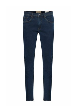 Dunkelblå denimjeans med slim fit-design, som har fem lommer, belteløkker og kontraststing. Glatt tekstur og robust stoff.