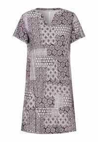 Kurzärmliges Kleid in Dunkellila mit einem weißen geometrischen und floralen Muster, V-Ausschnitt und lockerer Passform. Weicher, leichter Stoff.