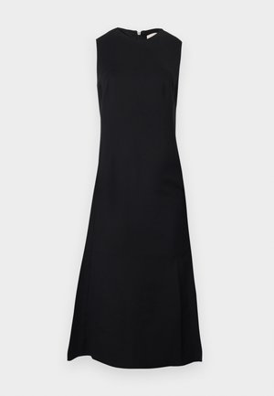 Ærmeløs sort maxikjole med høj rund halsudskæring og lynlåslukning bagpå, vist mod en ensfarvet lys baggrund.