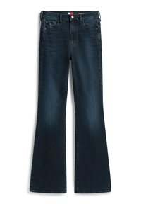 Dark blue high-waist flared jeans with front pockets, zipper, button closure, and subtle faded detailing.