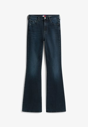 Jeans a vita alta di colore blu scuro, svasati, con tasche frontali, zip, chiusura con bottone e una leggera sfumatura.